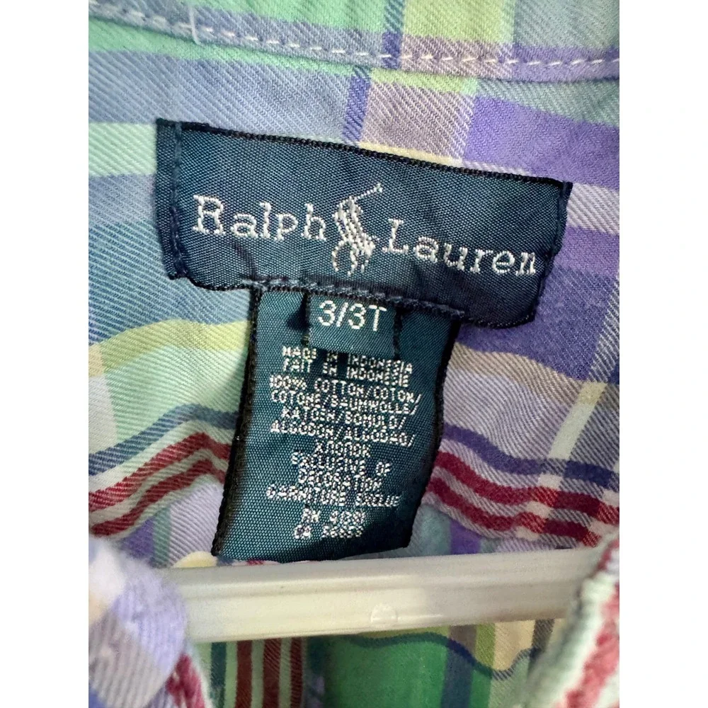 Ralph Lauren Kids Plaid Button Down Shirt 3T Green Purple Cotton Long Sleeve